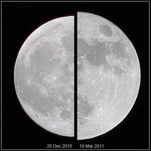 The supermoon of March 19, 2011 (right), compared to an average moon of December 20, 2010 (left). Image via Marco Langbroek, the Netherlands, via Wikimedia Commons.