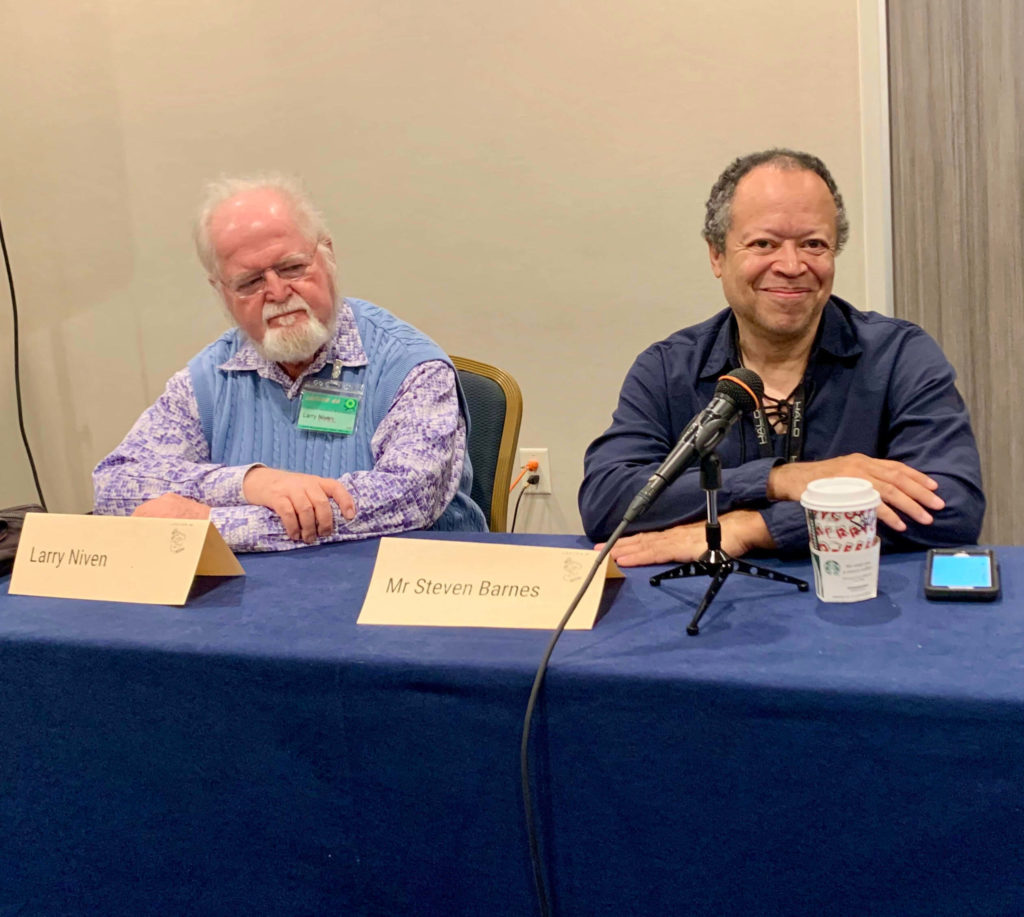 Larry Niven and Steven Barnes at Loscon 46, photo courtesy of Recursor.TV